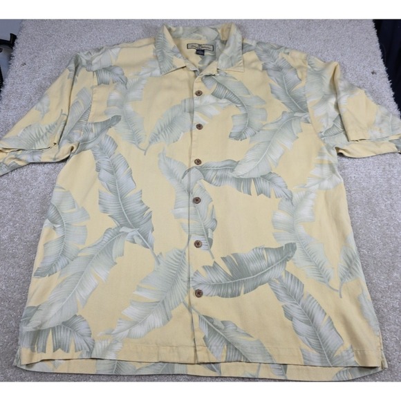 Tommy Bahama Shirt Mens XL Yellow Palm Leaf Silk Hawaiian Camp Relax Aloha